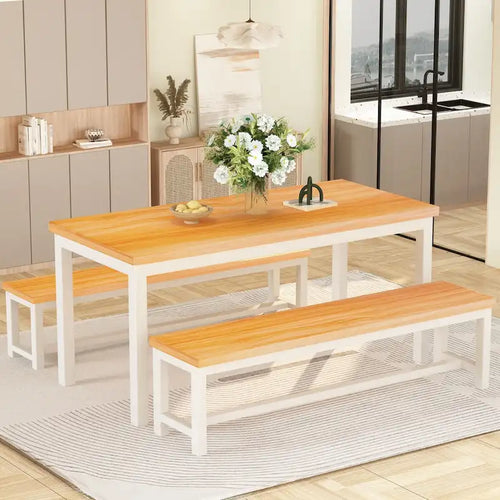 3-Piece Dining Table Set with Two Benches for 4-6 Persons