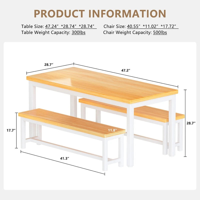 3-Piece Dining Table Set with Two Benches for 4-6 Persons
