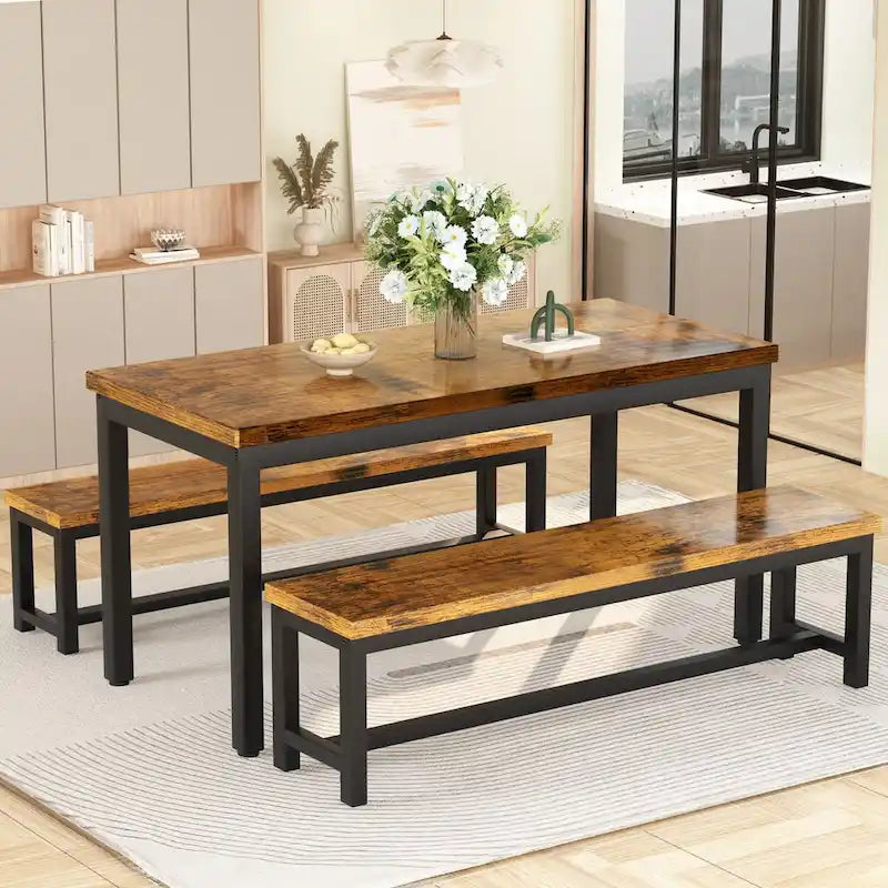 3-Piece Dining Table Set with Two Benches for 4-6 Persons
