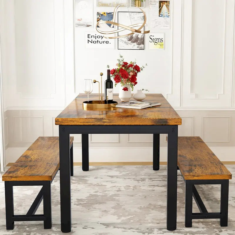 3-Piece Dining Table Set with Two Benches for 4-6 Persons