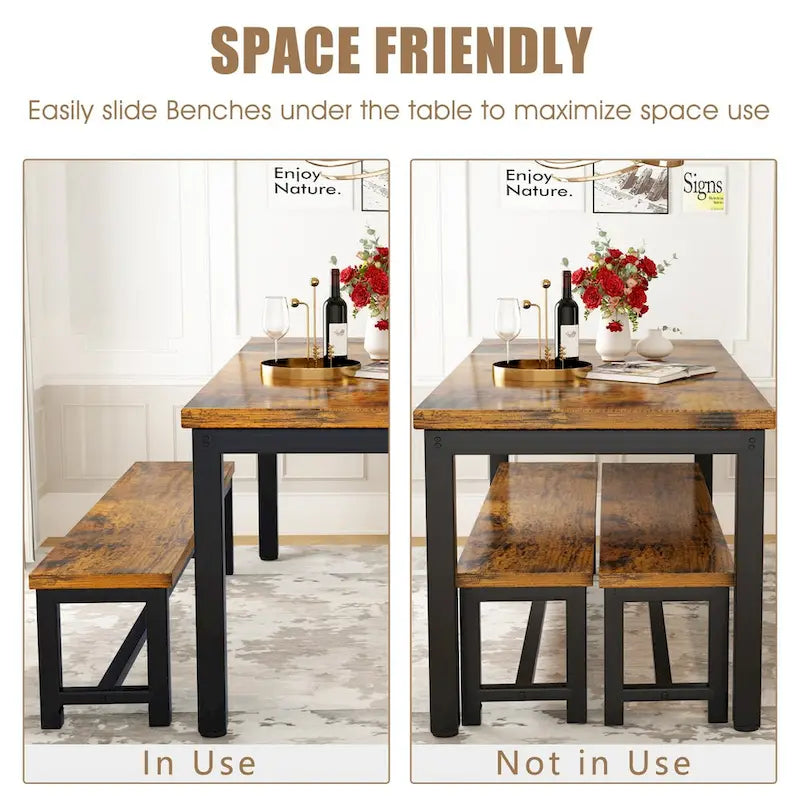 3-Piece Dining Table Set with Two Benches for 4-6 Persons
