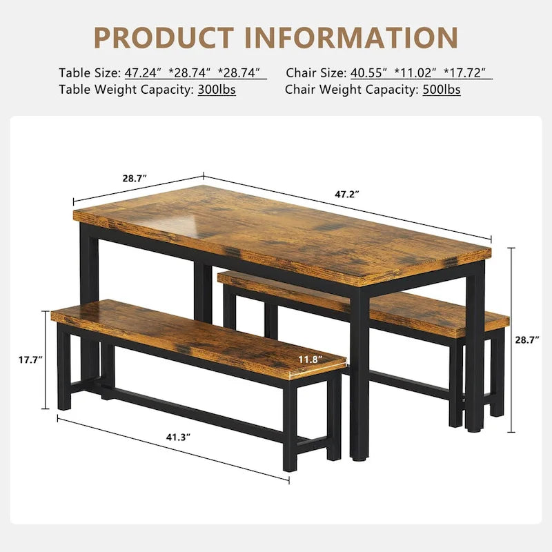3-Piece Dining Table Set with Two Benches for 4-6 Persons