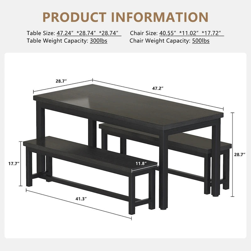 3-Piece Dining Table Set with Two Benches for 4-6 Persons