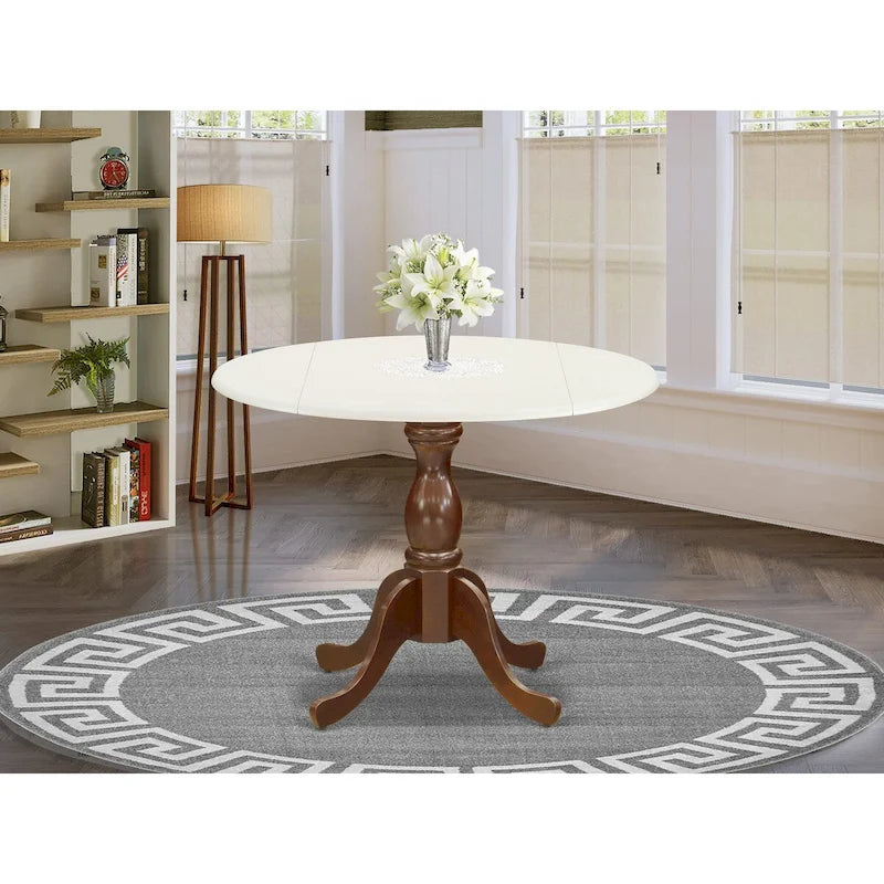 Round Drop-Leaf Dining Table, Linen White Top & Mahogany Pedestal Base