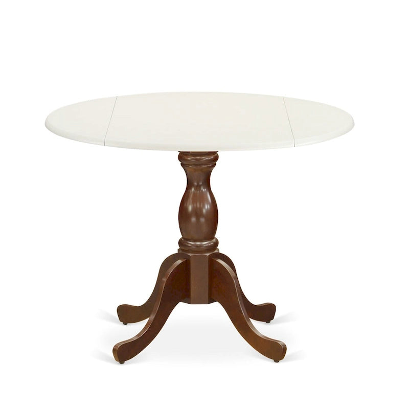 Round Drop-Leaf Dining Table, Linen White Top & Mahogany Pedestal Base