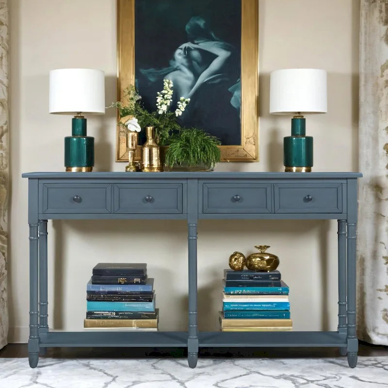 Pine Wood and MDF Console Table with 2 Drawers and Bottom Shelf