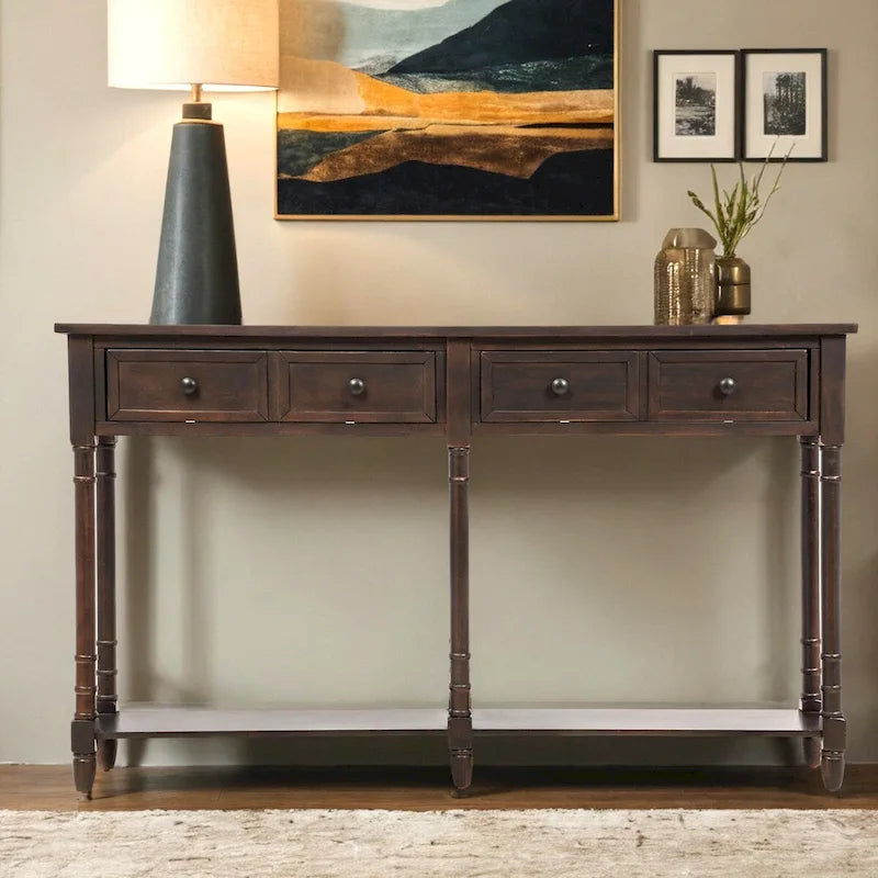 Pine Wood and MDF Console Table with 2 Drawers and Bottom Shelf