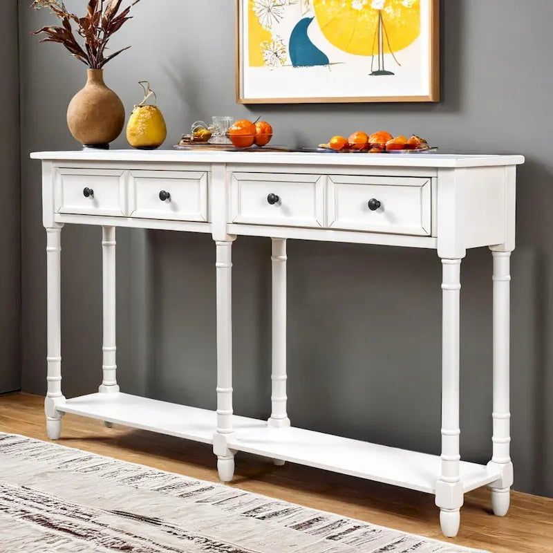 Pine Wood and MDF Console Table with 2 Drawers and Bottom Shelf