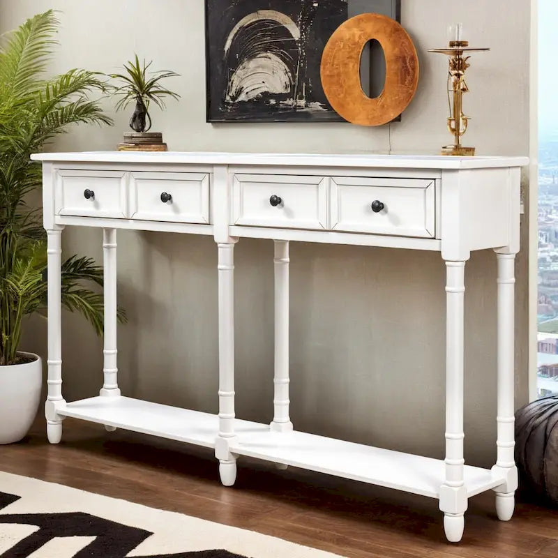 Pine Wood and MDF Console Table with 2 Drawers and Bottom Shelf