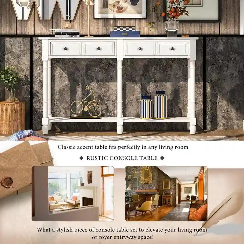 Pine Wood and MDF Console Table with 2 Drawers and Bottom Shelf