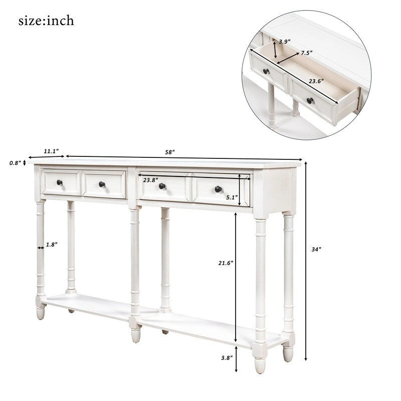 Pine Wood and MDF Console Table with 2 Drawers and Bottom Shelf