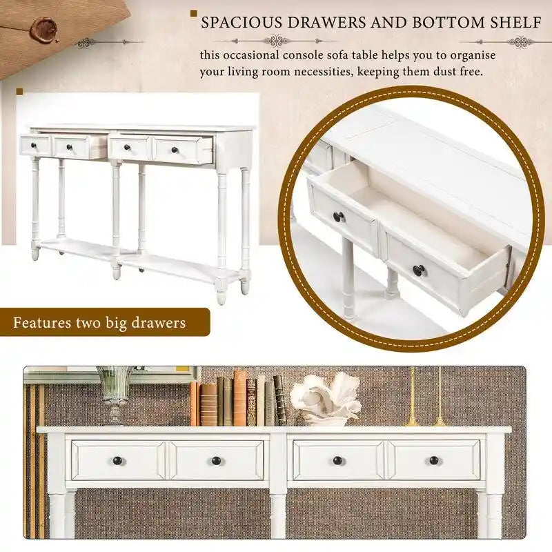 Pine Wood and MDF Console Table with 2 Drawers and Bottom Shelf
