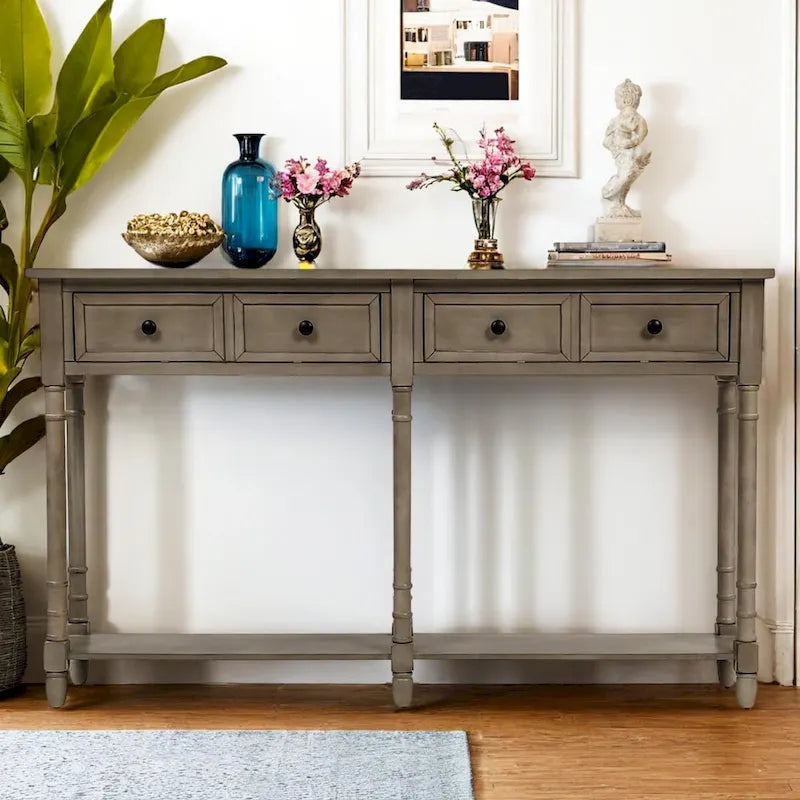 Pine Wood and MDF Console Table with 2 Drawers and Bottom Shelf