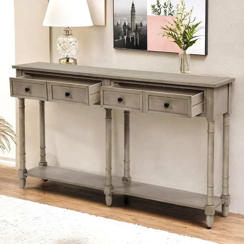 Pine Wood and MDF Console Table with 2 Drawers and Bottom Shelf