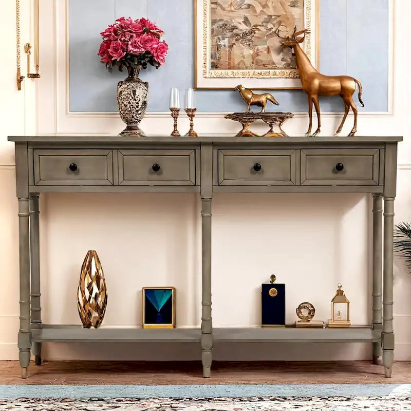 Pine Wood and MDF Console Table with 2 Drawers and Bottom Shelf