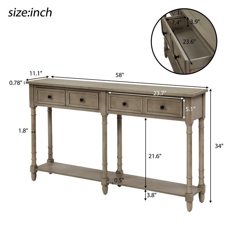 Pine Wood and MDF Console Table with 2 Drawers and Bottom Shelf