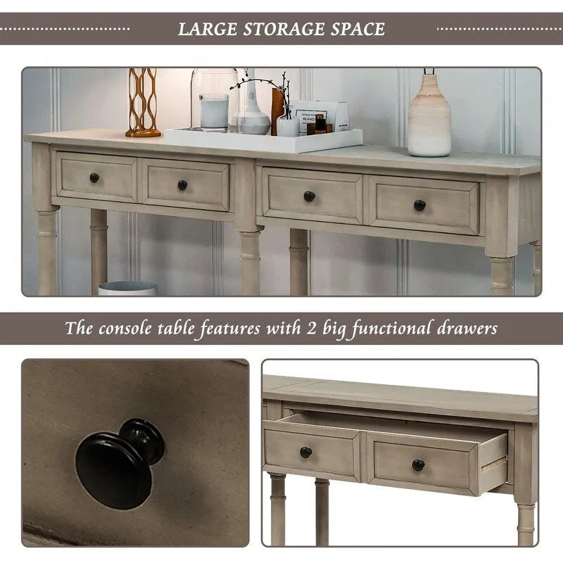 Pine Wood and MDF Console Table with 2 Drawers and Bottom Shelf