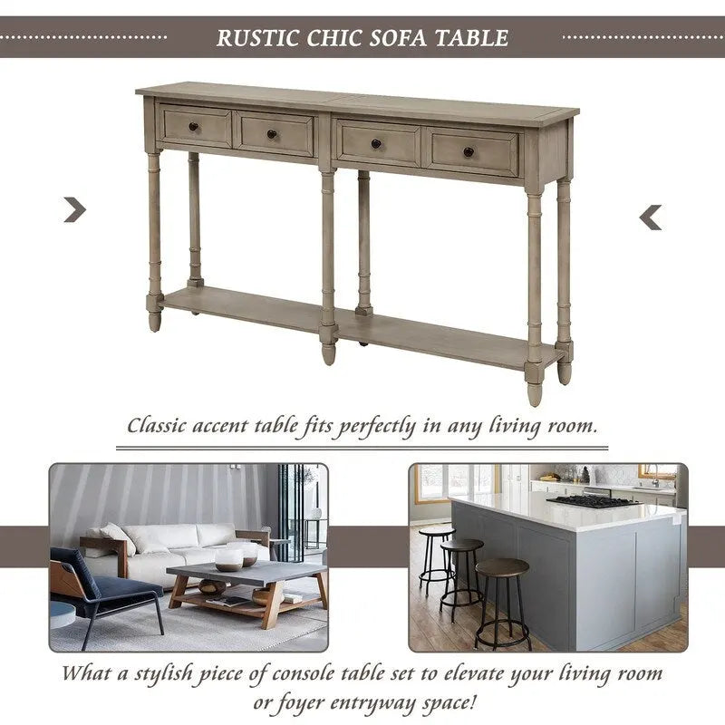 Pine Wood and MDF Console Table with 2 Drawers and Bottom Shelf