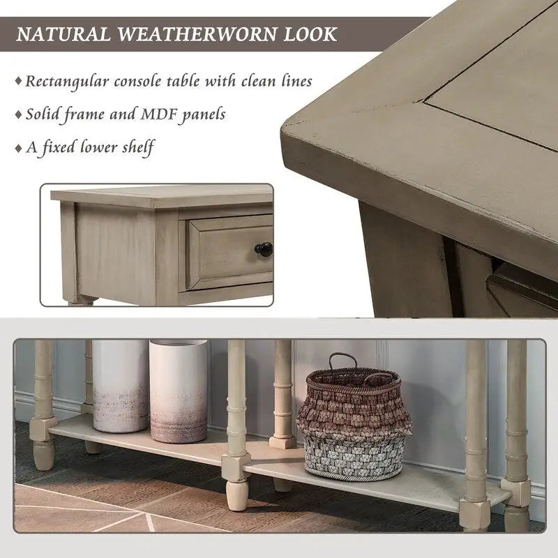 Pine Wood and MDF Console Table with 2 Drawers and Bottom Shelf