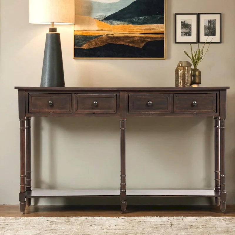 Pine Wood and MDF Console Table with 2 Drawers and Bottom Shelf