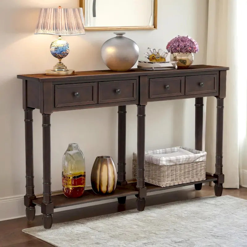 Pine Wood and MDF Console Table with 2 Drawers and Bottom Shelf