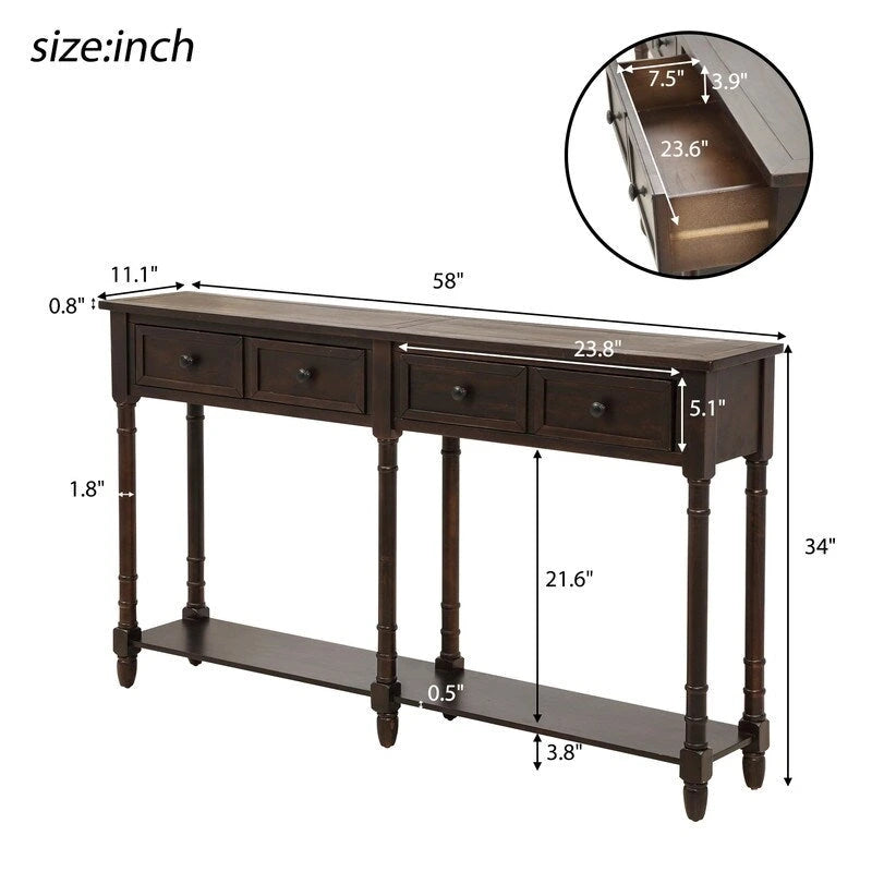 Pine Wood and MDF Console Table with 2 Drawers and Bottom Shelf