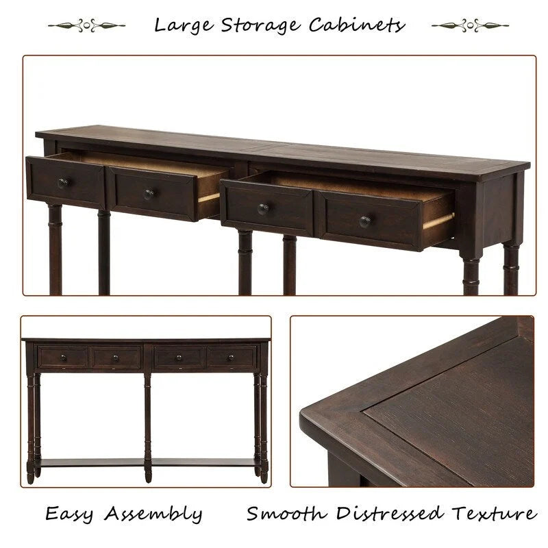 Pine Wood and MDF Console Table with 2 Drawers and Bottom Shelf