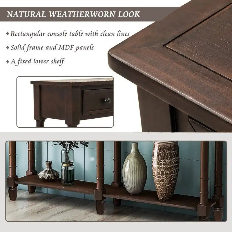 Pine Wood and MDF Console Table with 2 Drawers and Bottom Shelf