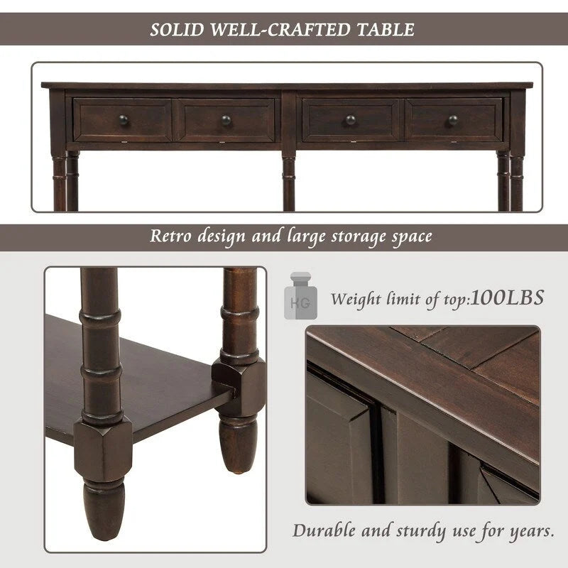 Pine Wood and MDF Console Table with 2 Drawers and Bottom Shelf