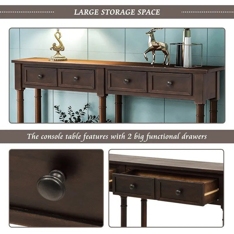 Pine Wood and MDF Console Table with 2 Drawers and Bottom Shelf