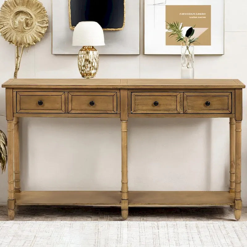 Pine Wood and MDF Console Table with 2 Drawers and Bottom Shelf