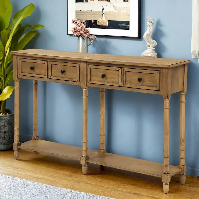 Pine Wood and MDF Console Table with 2 Drawers and Bottom Shelf