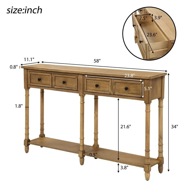 Pine Wood and MDF Console Table with 2 Drawers and Bottom Shelf