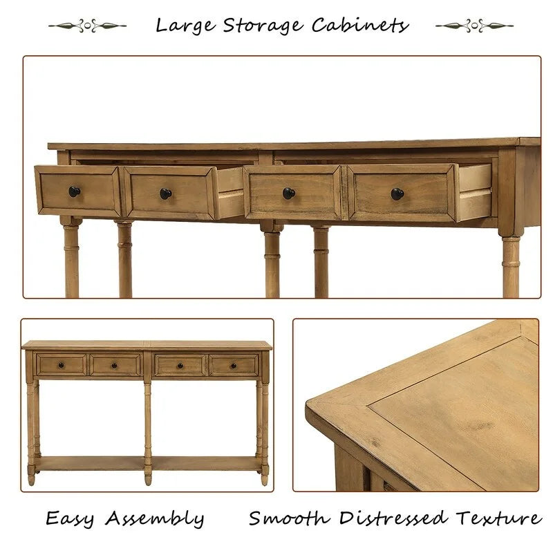 Pine Wood and MDF Console Table with 2 Drawers and Bottom Shelf