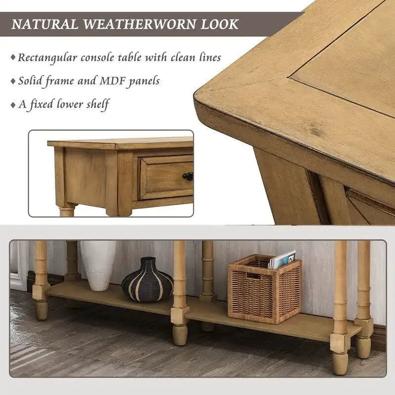 Pine Wood and MDF Console Table with 2 Drawers and Bottom Shelf