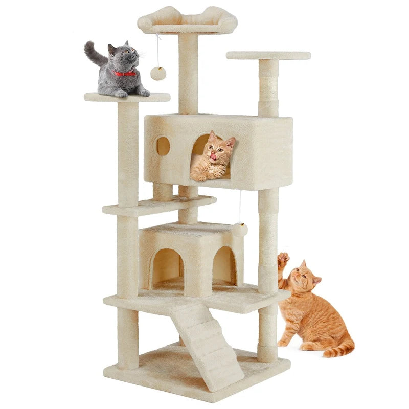 54" Cat Tree Multi-Story Tower with 2 Condos and Sisal Pillars