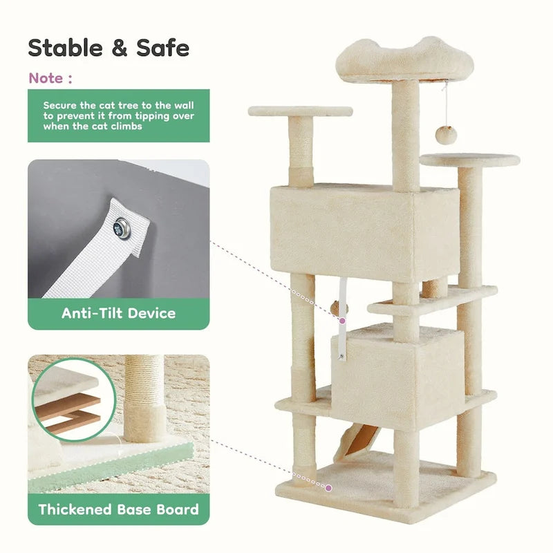 54" Cat Tree Multi-Story Tower with 2 Condos and Sisal Pillars