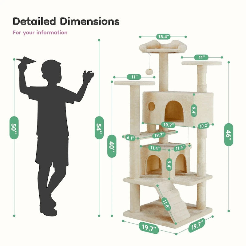54" Cat Tree Multi-Story Tower with 2 Condos and Sisal Pillars