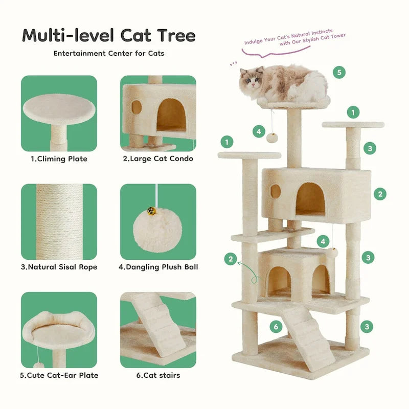 54" Cat Tree Multi-Story Tower with 2 Condos and Sisal Pillars