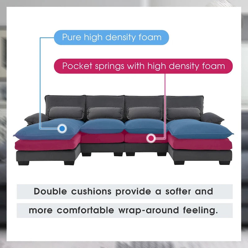 6-seat Upholstered Symmetrical Sofa Furniture U-shaped Sectional Sofa with Waist Pillows